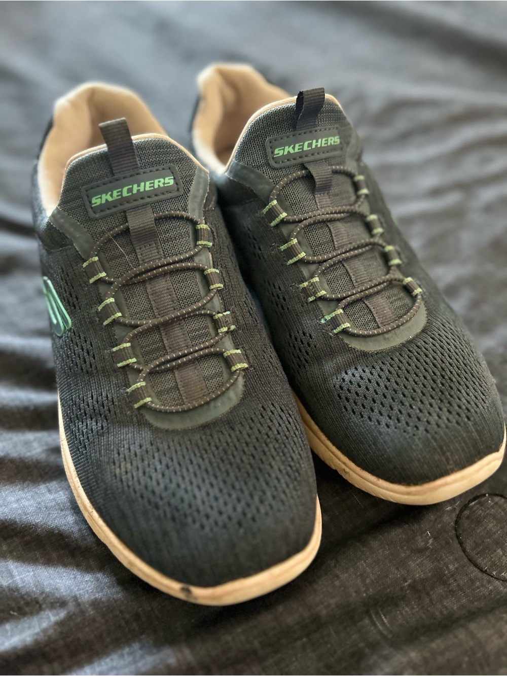 Skechers Men's Black Knit Slip-On Sneakers with Green Accents